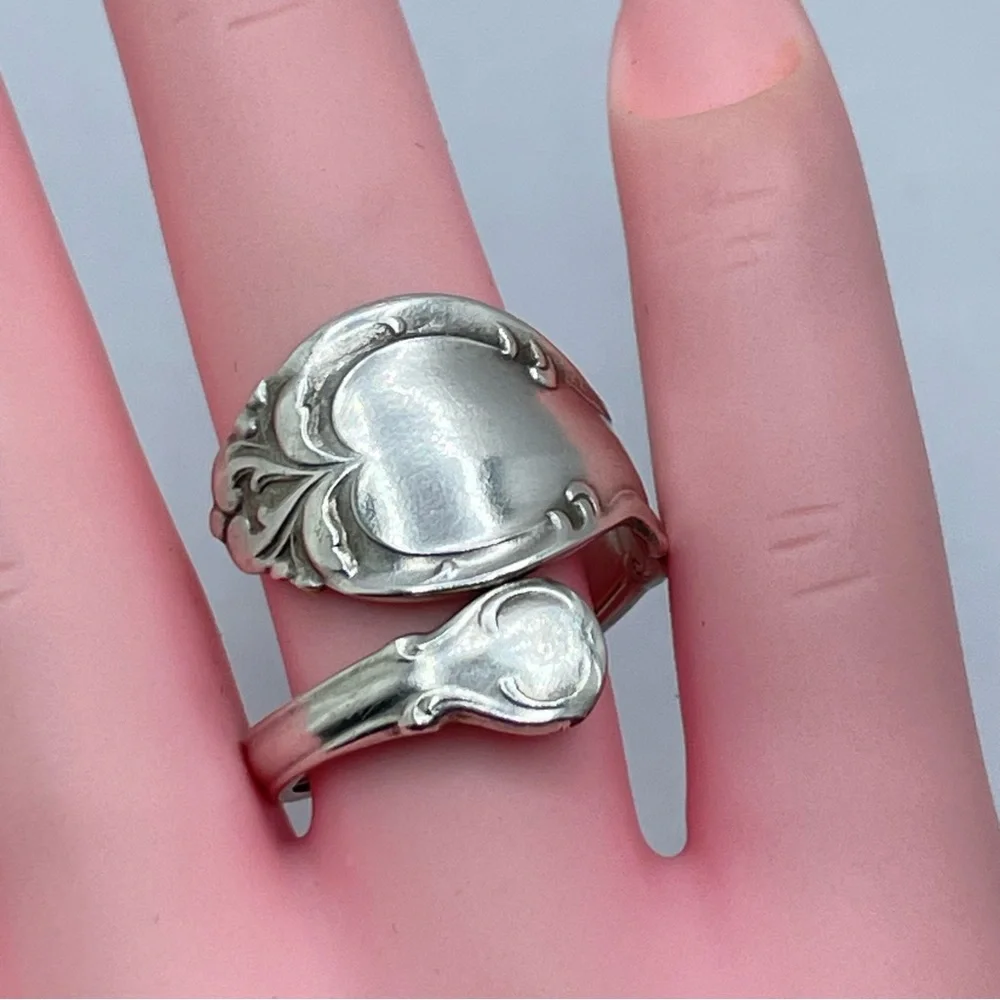 Vintage Spoon Stainless Steel Floral Scroll Wrap Ring Boho Modern Handmade Sz 7